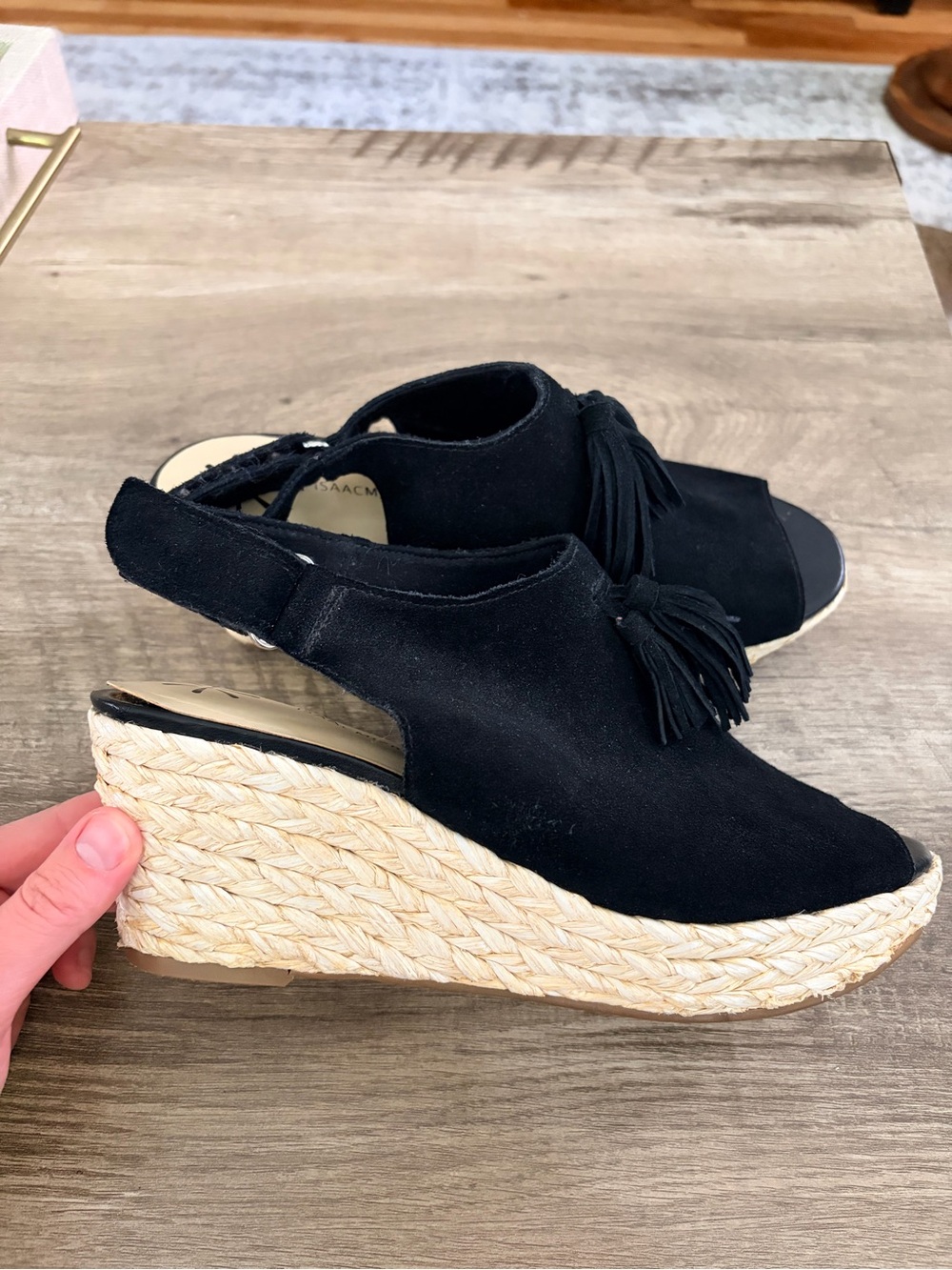 Isaac Mizrahi Black Suede Tassel Wedge Espadrille Sandals